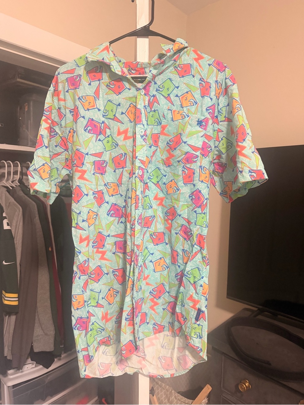 Tipsy Elves Mint Short-Sleeve Button-Down with Neon Geometric Print